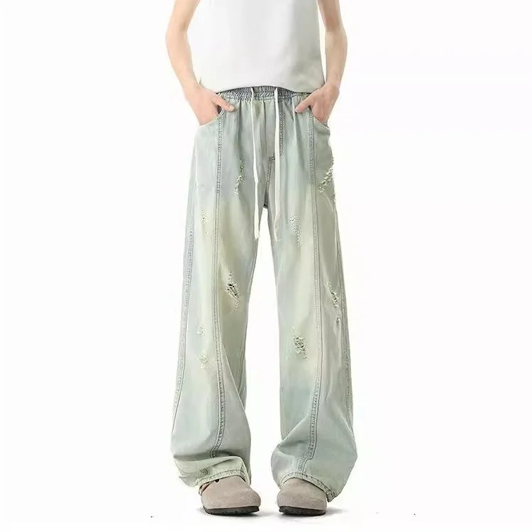 Quần jeans rách kiểu Mỹ ống suông rộng thoải mái tôn dáng thiết kế quần ống rộng jeans lưng thun quần dài quần