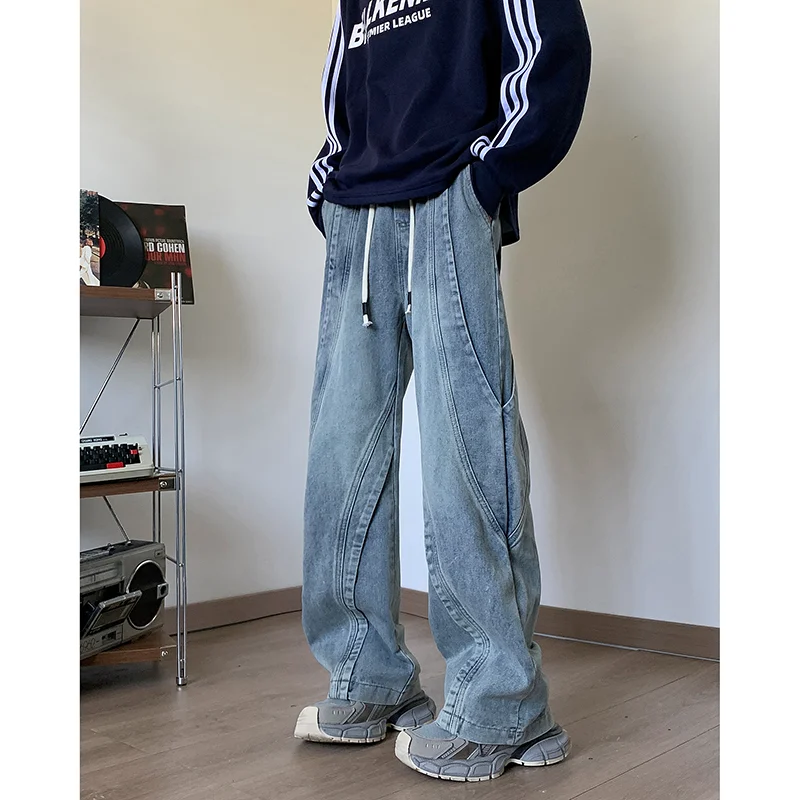Quần jeans nam phong cách Mỹ nặng, thiết kế phá cách, dành cho mùa xuân thu, giặt xử lý làm cũ, ghép nối, quần thời trang hip-hop, dáng rộng thoải mái, quần dad jeans