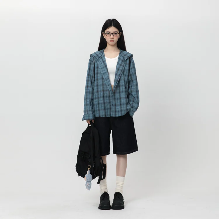 Hooded Plaid Sun Protection Long-Sleeve Shirt for Men and Women, Summer Relaxed Loose Casual Couple Shirt Jacket