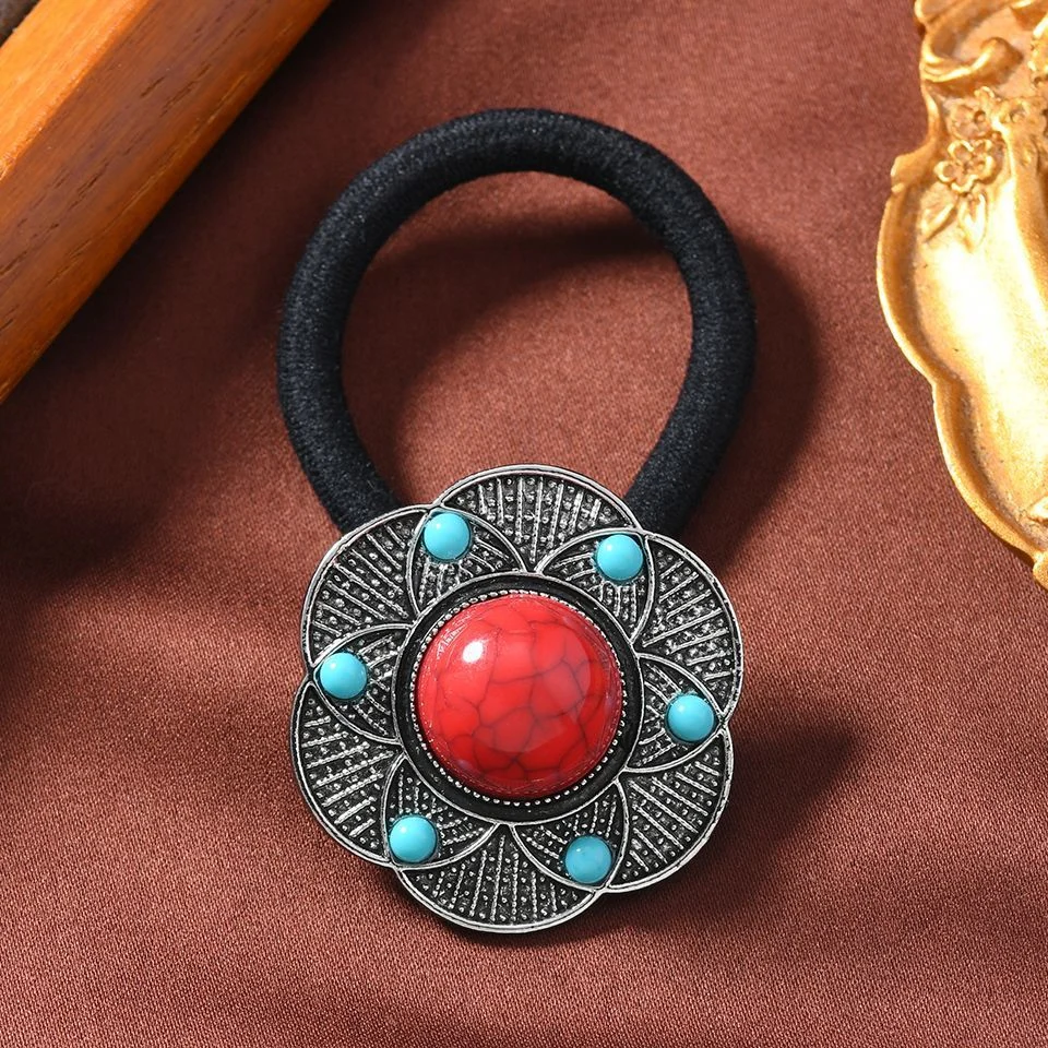 Dây buộc tóc phong cách dân tộc bạc cổ giả đá turquoise phong cách Bohemian dây buộc tóc hoa phụ kiện tóc