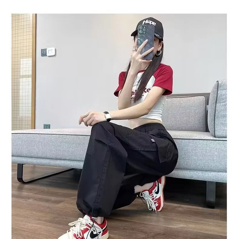 คุณภาพสูง กางเกงทำงานสตรี ใส่ได้ฤดูใบไม้ผลิ-ใบไม้ร่วง เอวสูง ลำลอง สไตล์อเมริกัน ฮาเร็ม กีฬา หลวม ทรงตรง ใส่ได้ทุกโอกาส กางเกงขายาวสตรี