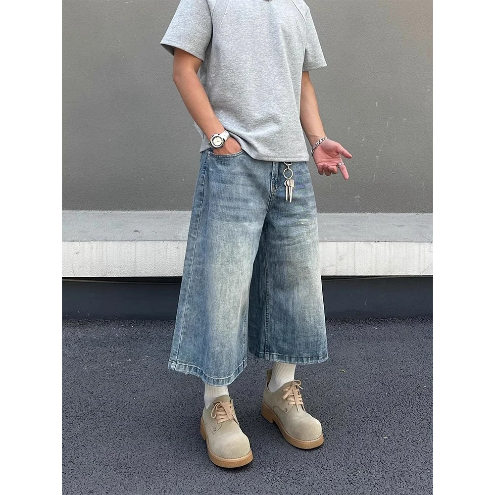 American retro washed slub-textured cropped shorts for men, premium-feel summer loose casual denim shorts