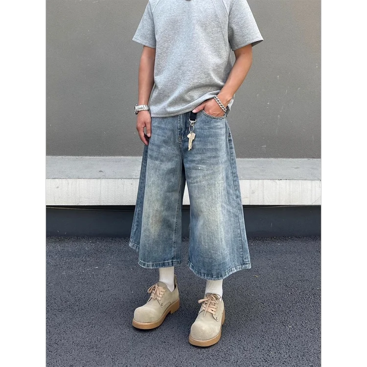 American retro washed slub-textured cropped shorts for men, premium-feel summer loose casual denim shorts