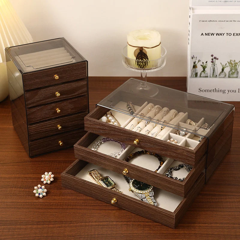 Walnut grain multi-layer large-capacity jewelry box high-end bracelet earrings large-capacity retro jewelry storage box dust-proof