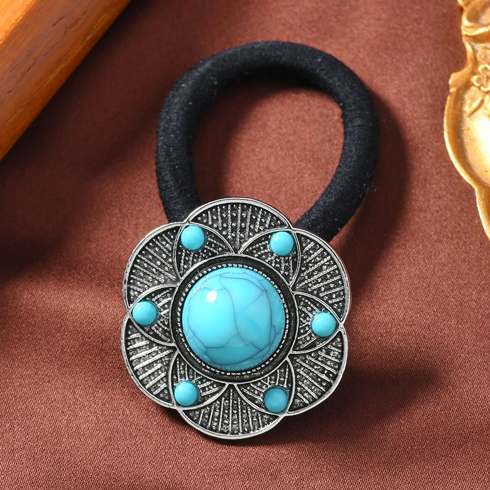 Dây buộc tóc phong cách dân tộc bạc cổ giả đá turquoise phong cách Bohemian dây buộc tóc hoa phụ kiện tóc