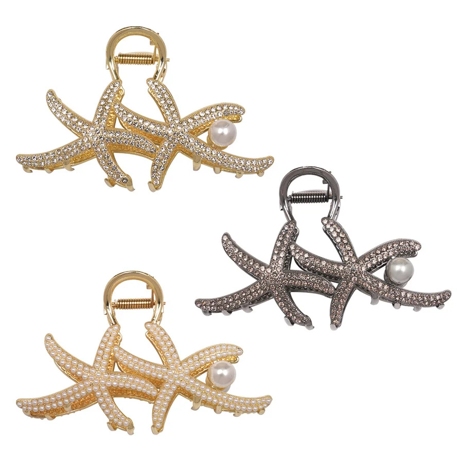 ឈុតសក់ត្រីឆ្លាម Rhinestone Starfish Pearl Clip
