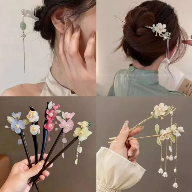 ปิ่นปักผมไม้สไตล์โบราณพร้อมพู่ห้อยและจี้สั่น ปิ่นปักผมสไตล์จีนใหม่สำหรับชุดฮั่นฝูและกี่เพ้า ปิ่นปักผมโลหะหรูหราสำหรับเกล้าผม เครื่องประดับผมคลาสสิก