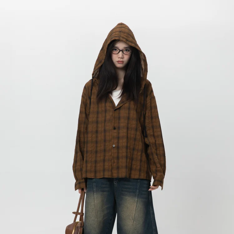 Hooded Plaid Sun Protection Long-Sleeve Shirt for Men and Women, Summer Relaxed Loose Casual Couple Shirt Jacket
