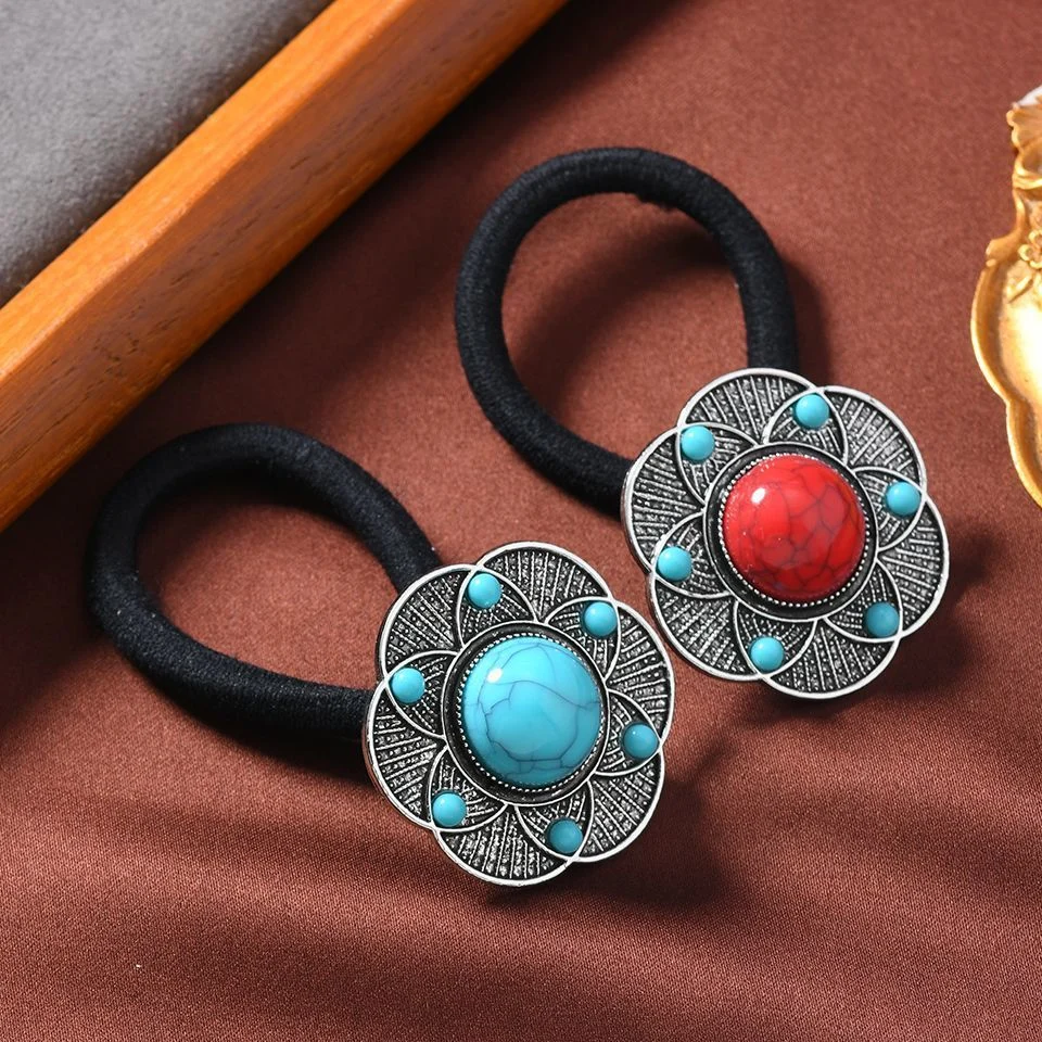Dây buộc tóc phong cách dân tộc bạc cổ giả đá turquoise phong cách Bohemian dây buộc tóc hoa phụ kiện tóc