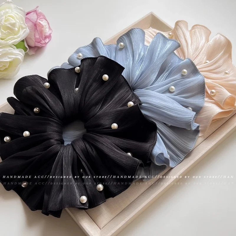 Korean-style hair accessories hair ties ruched scrunchies pearl hair flowers large pearl scrunchies