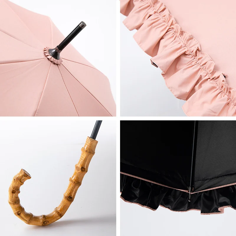 ร่มกันแดดกันฝนลายลูกไม้ขอบระบายสีดำกันยูวี ด้ามตรงทำจากไม้ไผ่ด้ามโค้ง 1 ชิ้น
