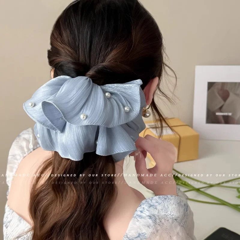 Korean-style hair accessories hair ties ruched scrunchies pearl hair flowers large pearl scrunchies