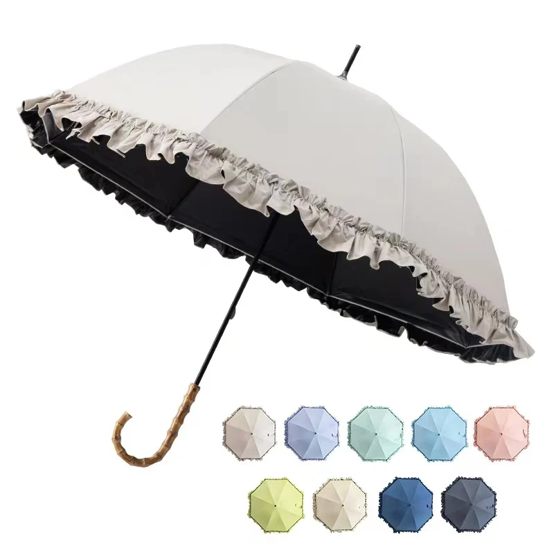 ร่มกันแดดกันฝนลายลูกไม้ขอบระบายสีดำกันยูวี ด้ามตรงทำจากไม้ไผ่ด้ามโค้ง 1 ชิ้น