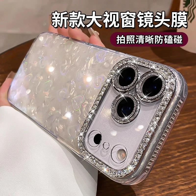 เคสโทรศัพท์หรูหราประดับเพชร ใช้ได้กับ iPhone 17 Pro Max, 16 ลายหัวใจและเปลือกหอย, 15/14 ครอบคลุมเลนส์ทั้งหมด