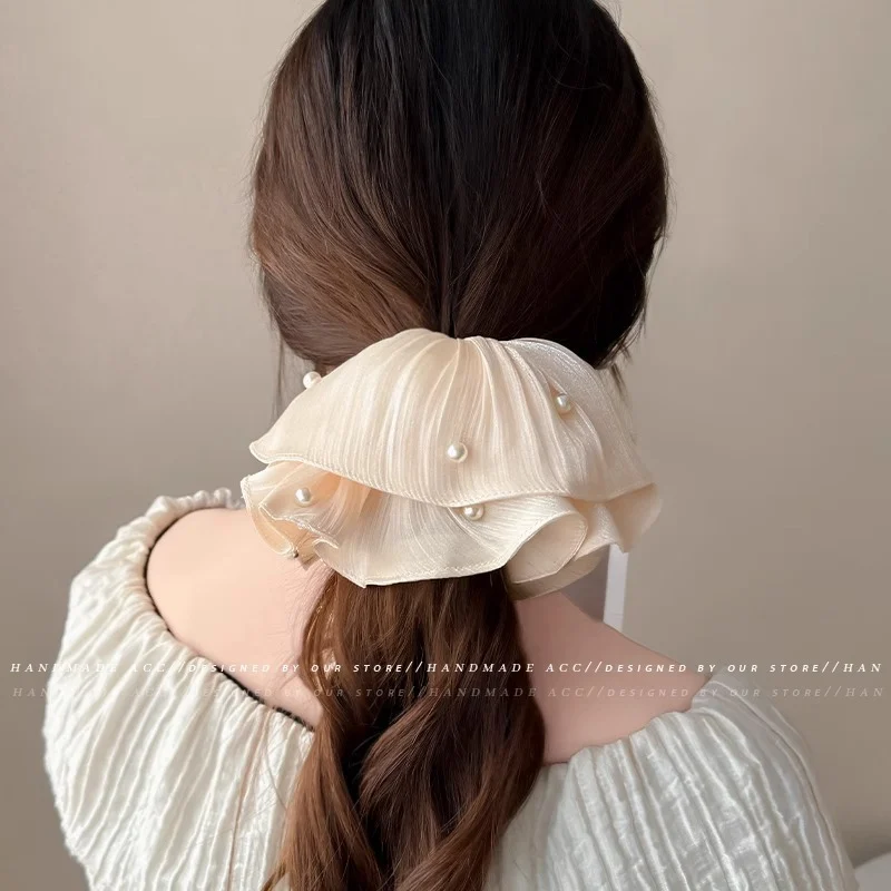 Korean-style hair accessories hair ties ruched scrunchies pearl hair flowers large pearl scrunchies