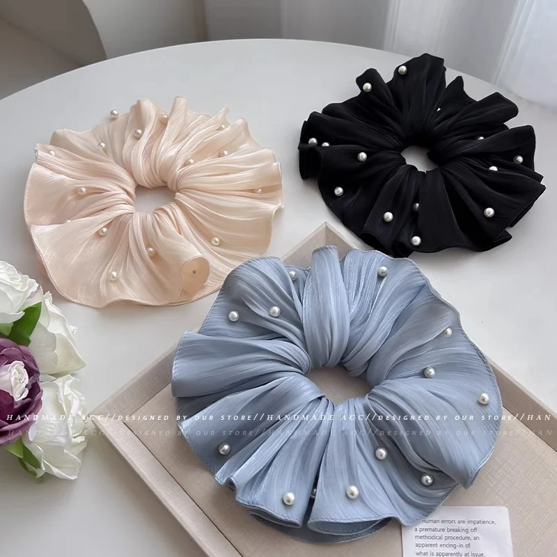 Korean-style hair accessories hair ties ruched scrunchies pearl hair flowers large pearl scrunchies