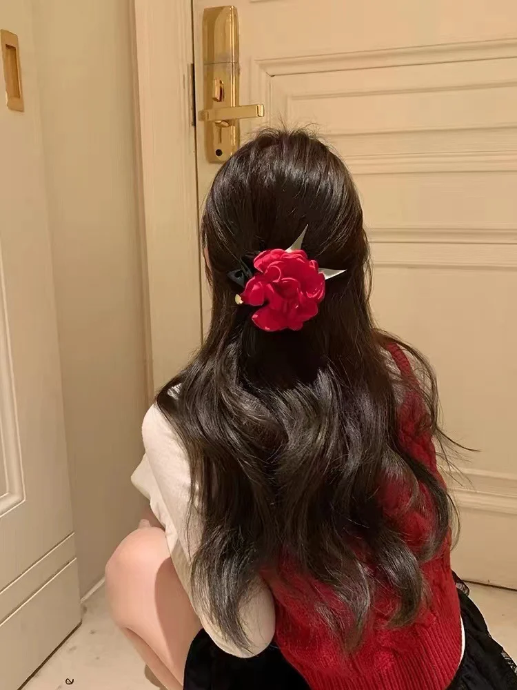 Rose flower scrunchie camellia hair tie floral retro girly hair band hair rope