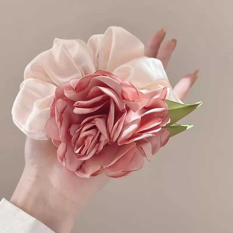 Rose flower scrunchie camellia hair tie floral retro girly hair band hair rope