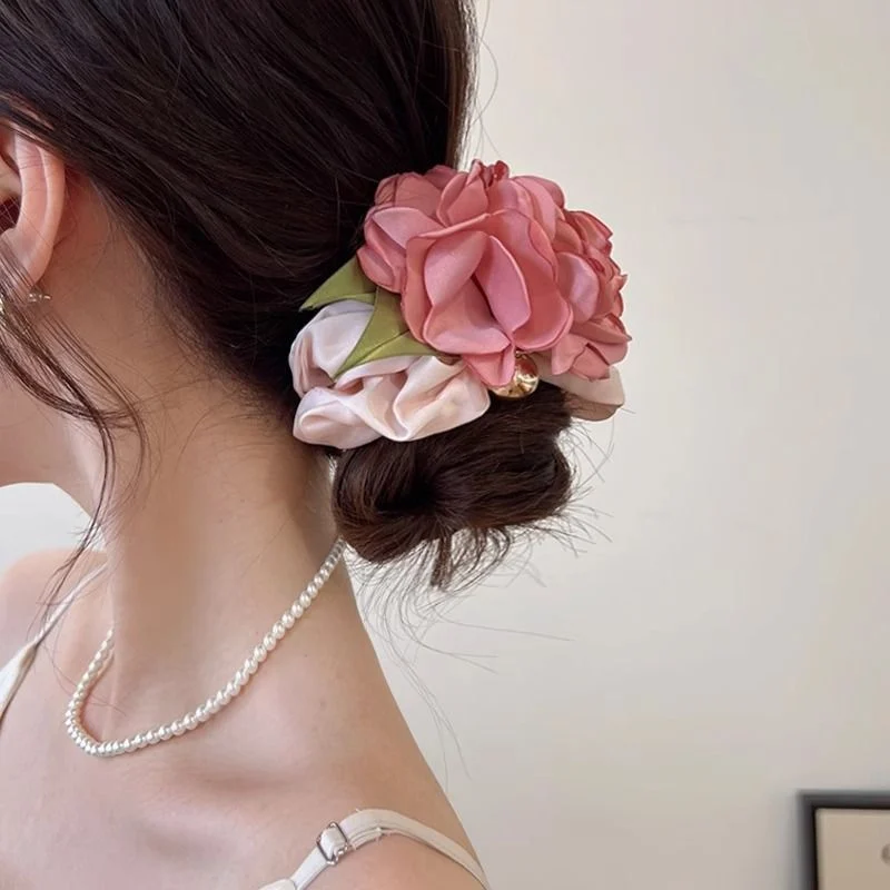 Rose flower scrunchie camellia hair tie floral retro girly hair band hair rope