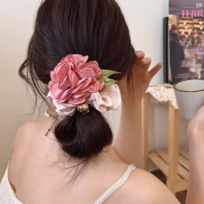 Rose flower scrunchie camellia hair tie floral retro girly hair band hair rope