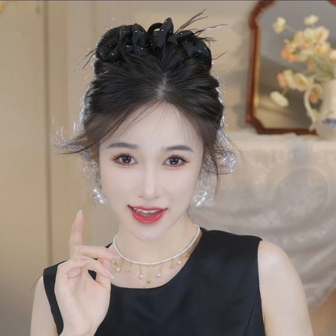 กิ๊บติดผมขนนกหัวใจเพชรผ้าโพกผมปอมปอม