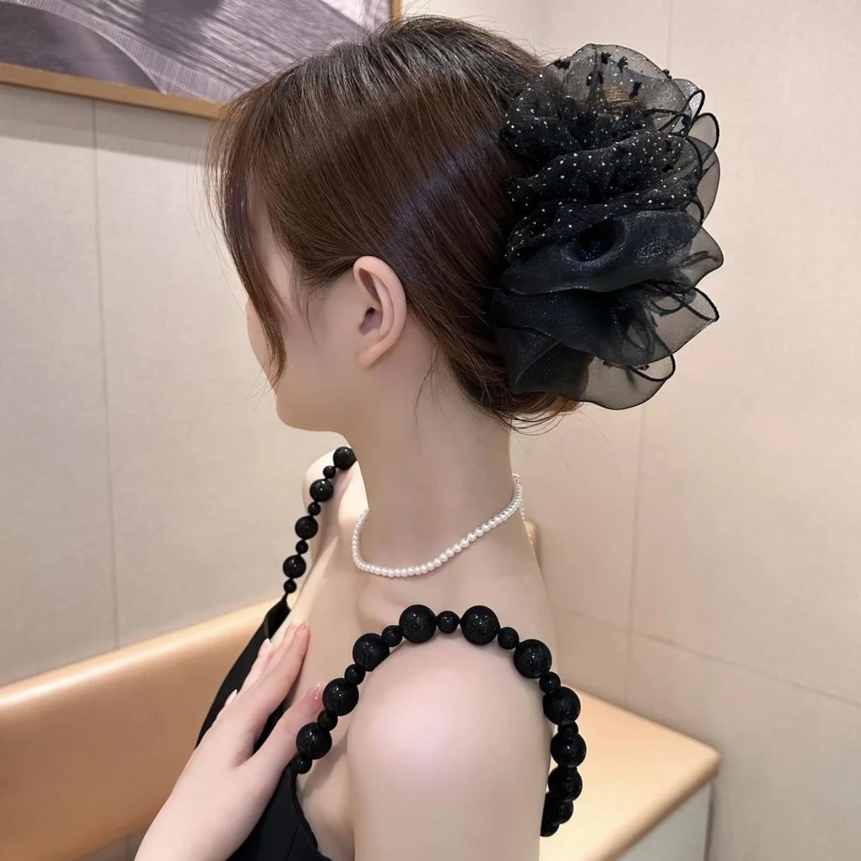 Polka dot two-tone mesh hair claw clip for women, bubble cloud bow shark clip hair accessory