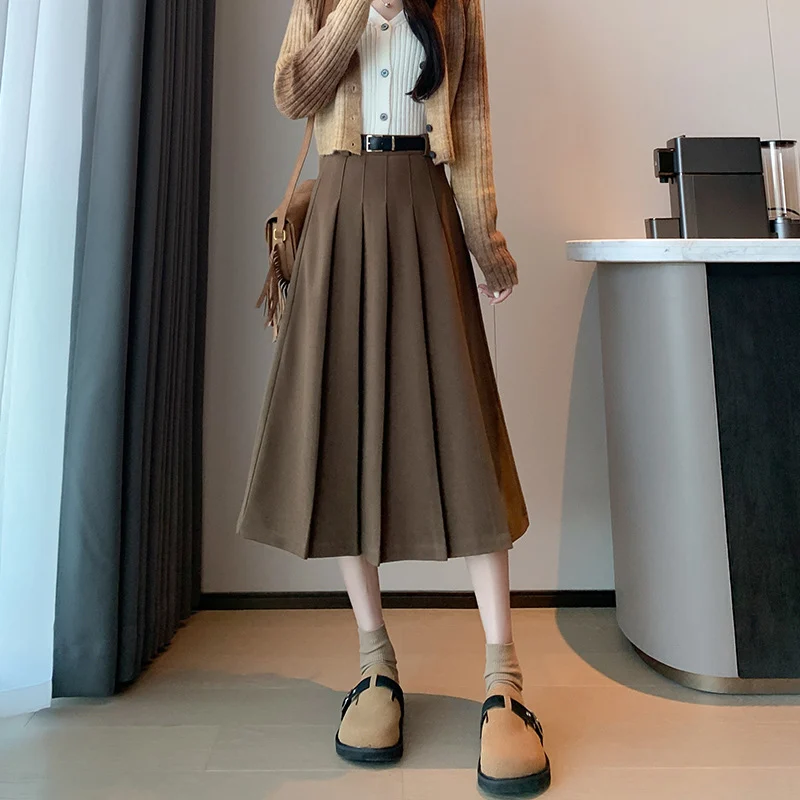 Skirt wanita musim luruh musim sejuk tebal pinggang tinggi nampak kurus skirt lipit bulu tali pinggang saiz besar serba boleh retro panjang sederhana
