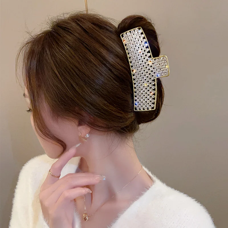 Korean-style full rhinestone metal hair claw clip vintage hair clip large hair claw hairpin updo shark clip