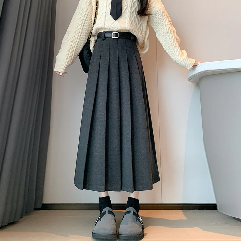 Skirt wanita musim luruh musim sejuk tebal pinggang tinggi nampak kurus skirt lipit bulu tali pinggang saiz besar serba boleh retro panjang sederhana