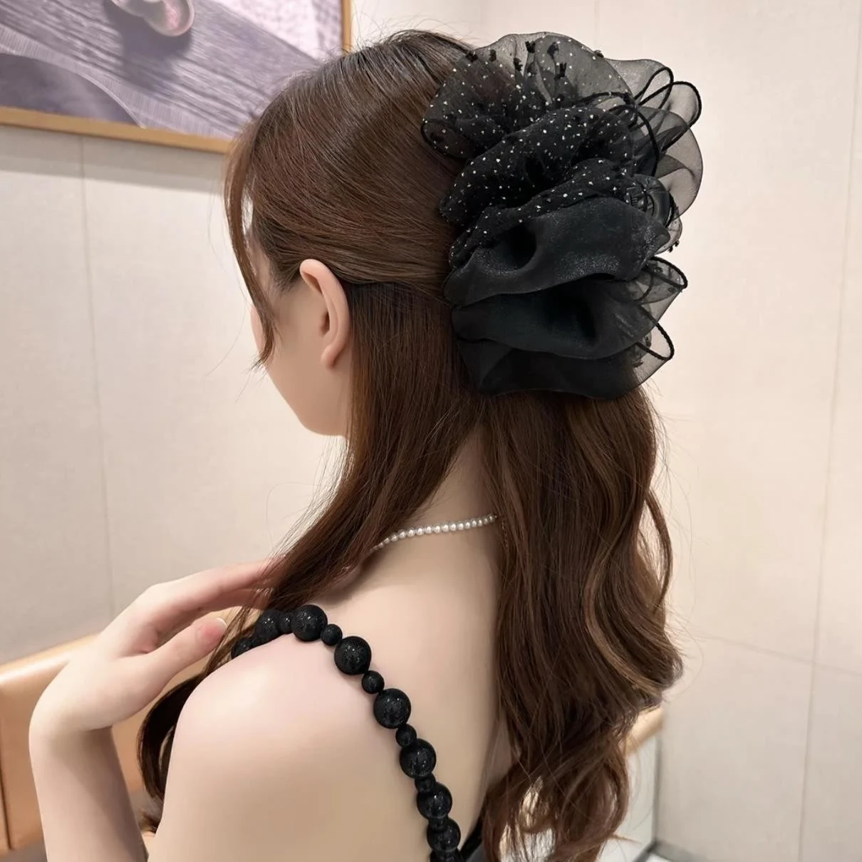 Polka dot two-tone mesh hair claw clip for women, bubble cloud bow shark clip hair accessory