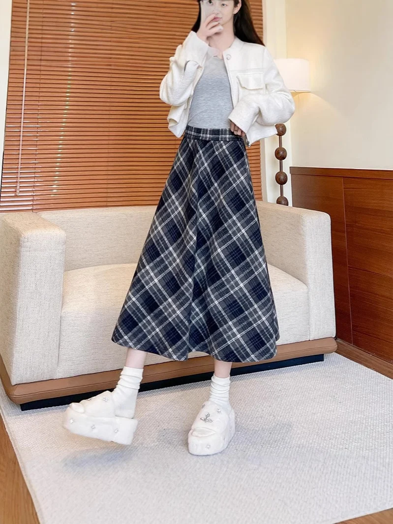 Skirt wanita musim luruh musim sejuk gaya Maillard panjang sederhana pinggang tinggi nampak kurus skirt payung labuh retro serba boleh saiz besar skirt panjang