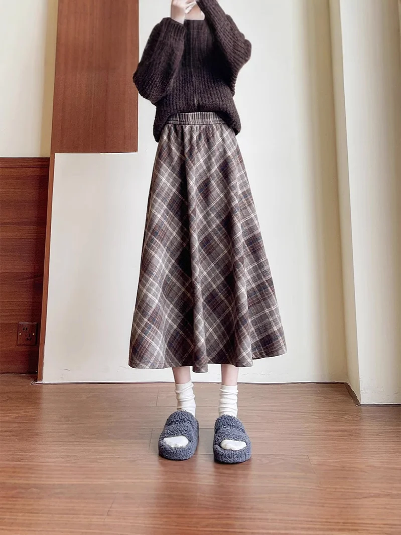 Skirt wanita musim luruh musim sejuk gaya Maillard panjang sederhana pinggang tinggi nampak kurus skirt payung labuh retro serba boleh saiz besar skirt panjang