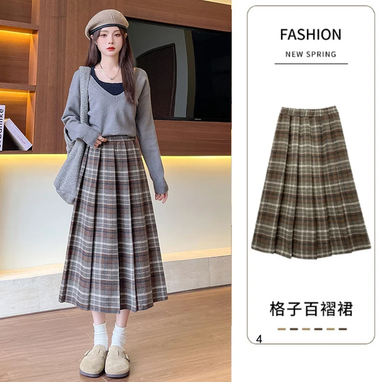 Skirt wanita musim luruh musim sejuk pinggang tinggi nampak kurus panjang sederhana lipatan corak kotak pinggang elastik tutup lemak A-line skirt lipatan bulu