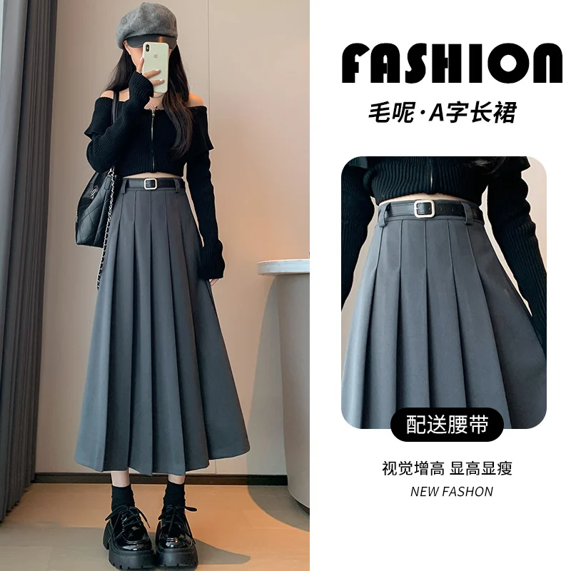Skirt wanita musim luruh musim sejuk tebal pinggang tinggi nampak kurus skirt lipit bulu tali pinggang saiz besar serba boleh retro panjang sederhana