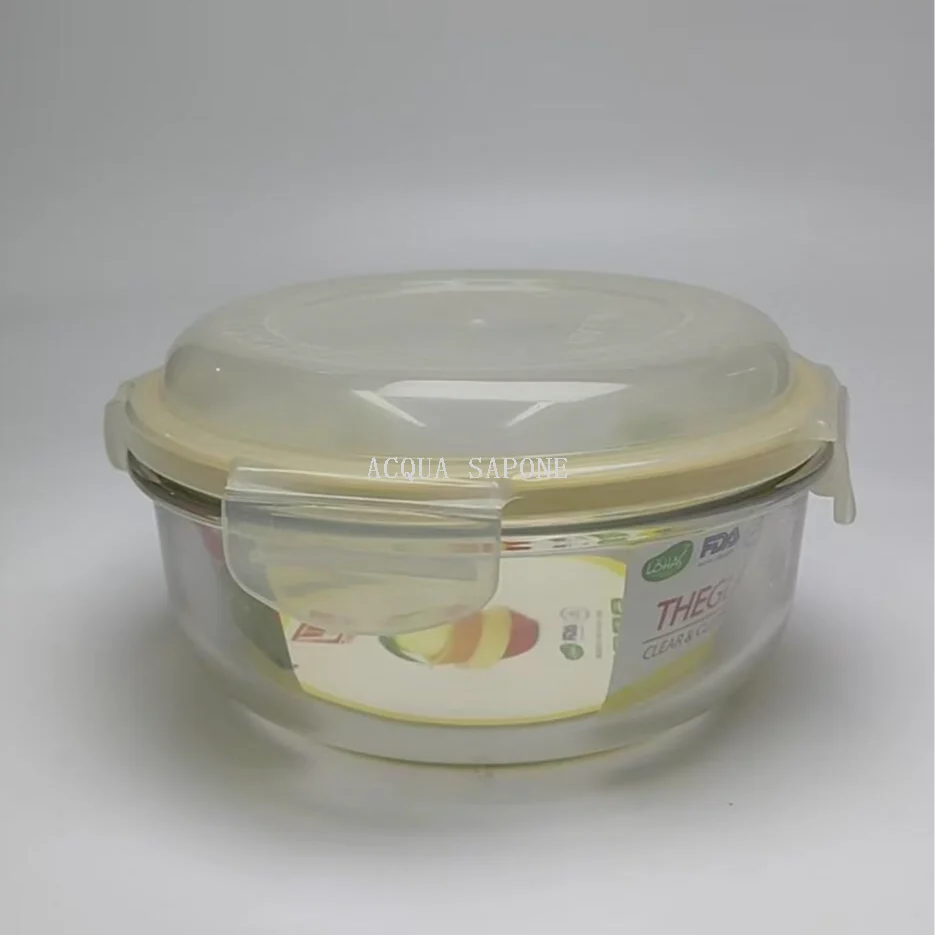 กล่องเก็บอาหารสดแบบมีฝาปิดแก้วเทมเปอร์ทรงกลมสไตล์เกาหลี 1060ml สำหรับแช่แข็ง ใช้กับไมโครเวฟไม่ได้