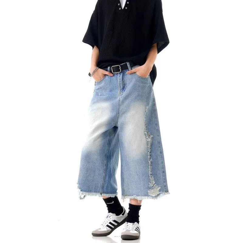 Seluar pendek denim biru muda basuh berlubang lelaki musim panas jenama trendi tepi berjumbai rasa rosak tujuh perempat longgar seluar sederhana tujuh perempat