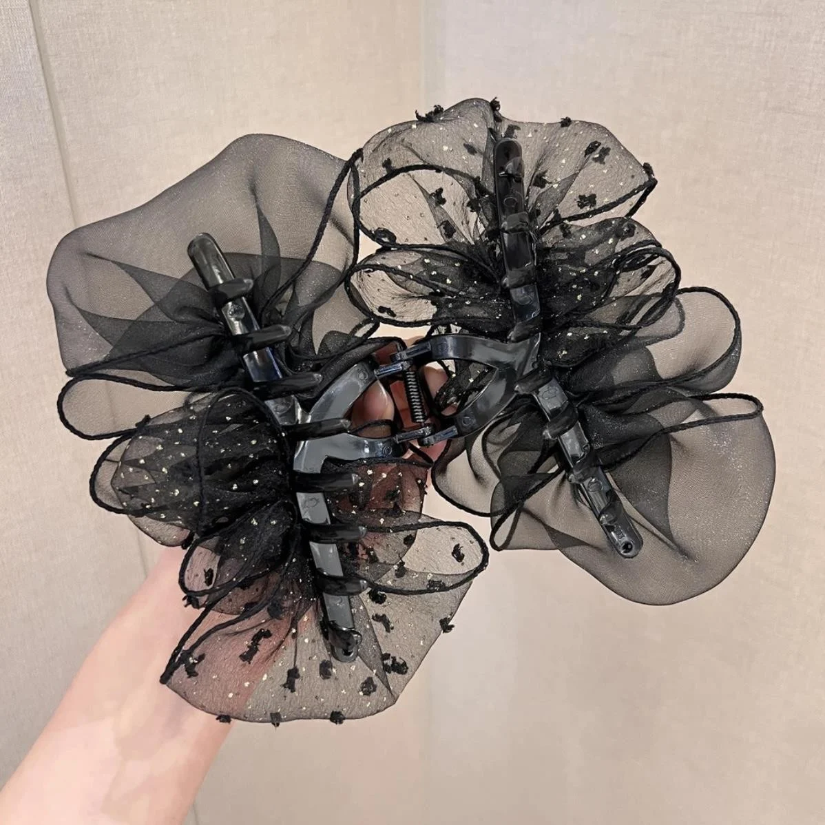 Polka dot two-tone mesh hair claw clip for women, bubble cloud bow shark clip hair accessory