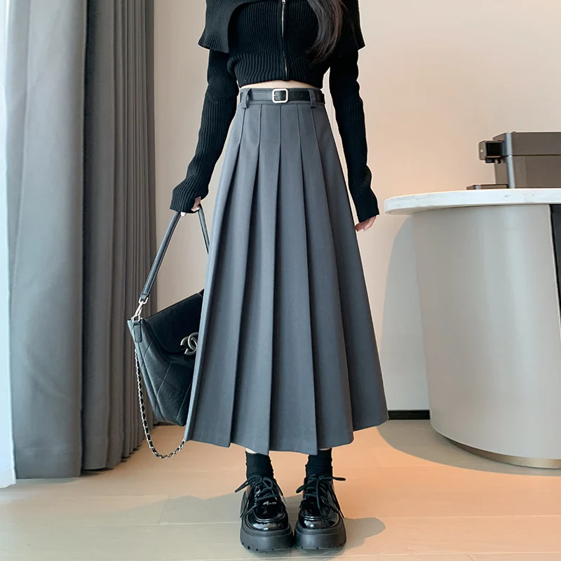 Skirt wanita musim luruh musim sejuk tebal pinggang tinggi nampak kurus skirt lipit bulu tali pinggang saiz besar serba boleh retro panjang sederhana
