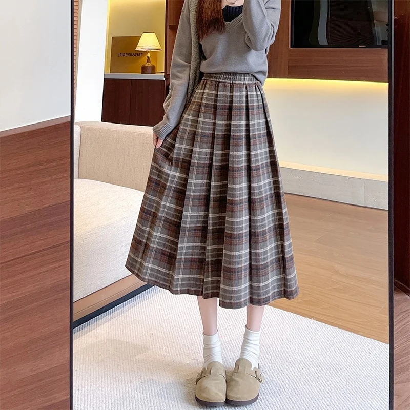 Skirt wanita musim luruh musim sejuk pinggang tinggi nampak kurus panjang sederhana lipatan corak kotak pinggang elastik tutup lemak A-line skirt lipatan bulu
