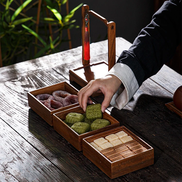 ตะกร้าหิ้วไม้ walnut กล่องอาหาร กล่องเก็บของ 3 ชั้น กล่องใส่ขนมแบบหิ้ว กล่องชาใหม่สไตล์จีน กล่องของขวัญ ชุดน้ำชาแบบพกพา กลางแจ้ง