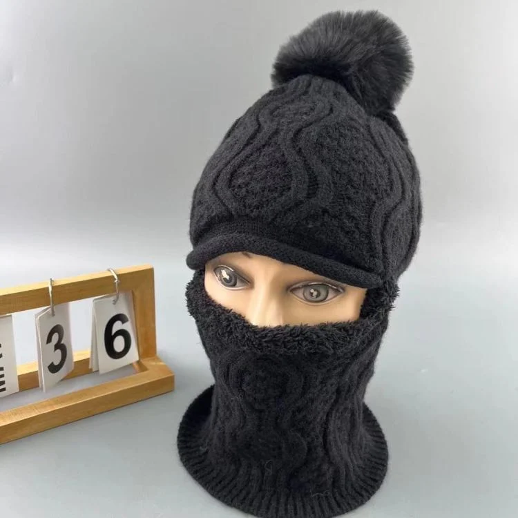 Hat and scarf integrated set hat wool fleece-lined one-piece hat unisex knit hat ear protection windproof warm woolen yarn