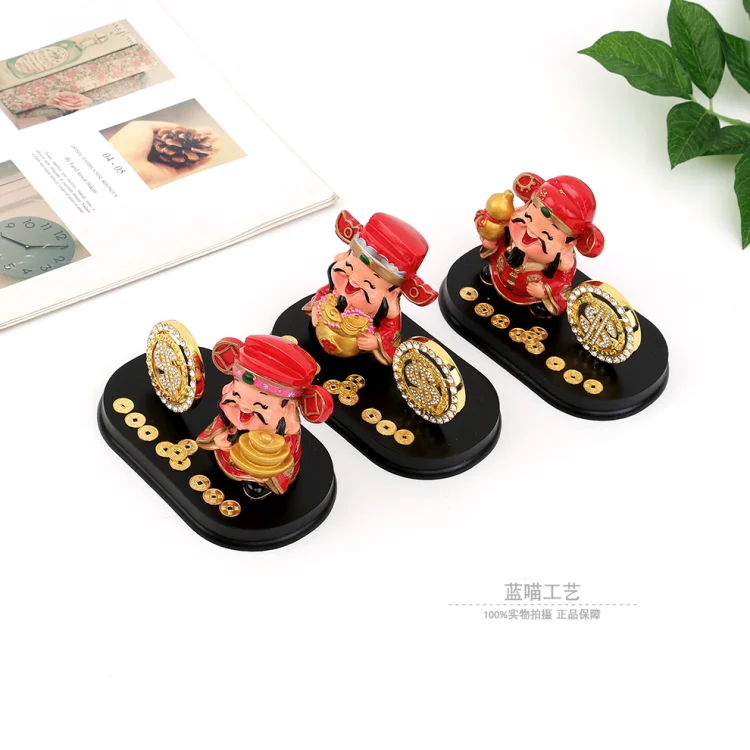 Hiasan dalaman kereta Dewa Kekayaan versi chibi kreatif, kraf resin bertatah berlian dan syiling emas, Dewa Kekayaan berputar, hiasan kereta