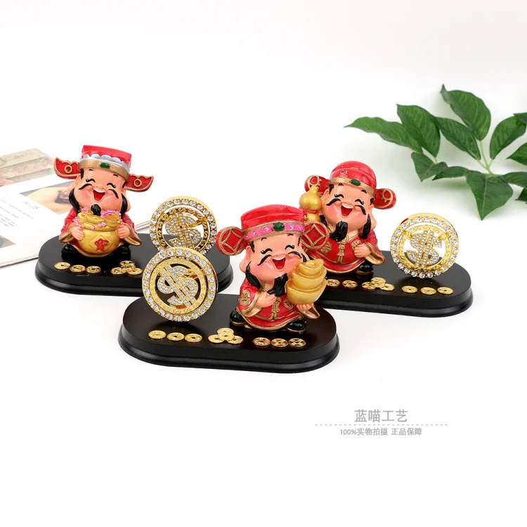 Hiasan dalaman kereta Dewa Kekayaan versi chibi kreatif, kraf resin bertatah berlian dan syiling emas, Dewa Kekayaan berputar, hiasan kereta