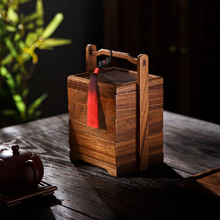 ตะกร้าหิ้วไม้ walnut กล่องอาหาร กล่องเก็บของ 3 ชั้น กล่องใส่ขนมแบบหิ้ว กล่องชาใหม่สไตล์จีน กล่องของขวัญ ชุดน้ำชาแบบพกพา กลางแจ้ง