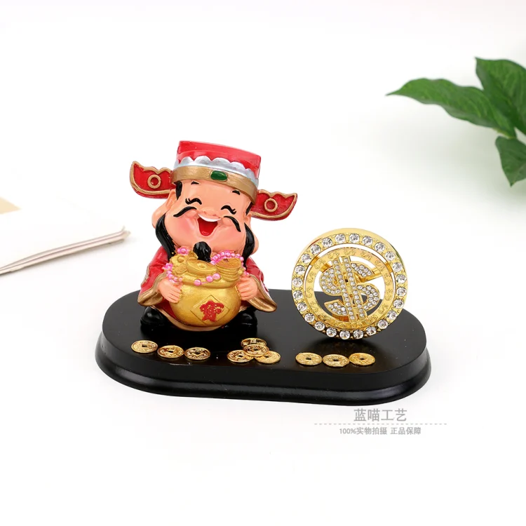 Hiasan dalaman kereta Dewa Kekayaan versi chibi kreatif, kraf resin bertatah berlian dan syiling emas, Dewa Kekayaan berputar, hiasan kereta
