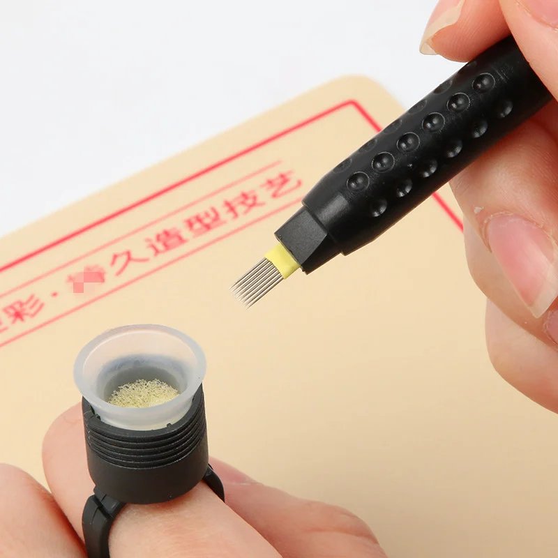 Cawan cincin pen sulaman pakai buang hitam yang dibungkus secara berasingan, pen buatan tangan + penutup pen, kombinasi pen sulaman kening pakai buang