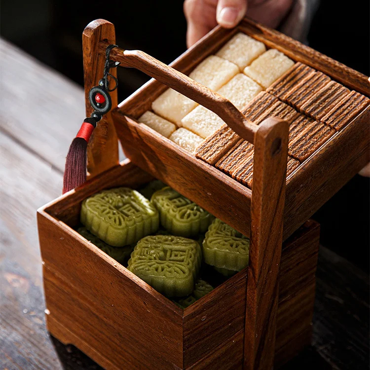 ตะกร้าหิ้วไม้ walnut กล่องอาหาร กล่องเก็บของ 3 ชั้น กล่องใส่ขนมแบบหิ้ว กล่องชาใหม่สไตล์จีน กล่องของขวัญ ชุดน้ำชาแบบพกพา กลางแจ้ง